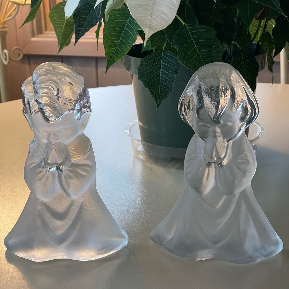 Vintage Viking Hand Made Frosted glass Praying boy and girl bookends